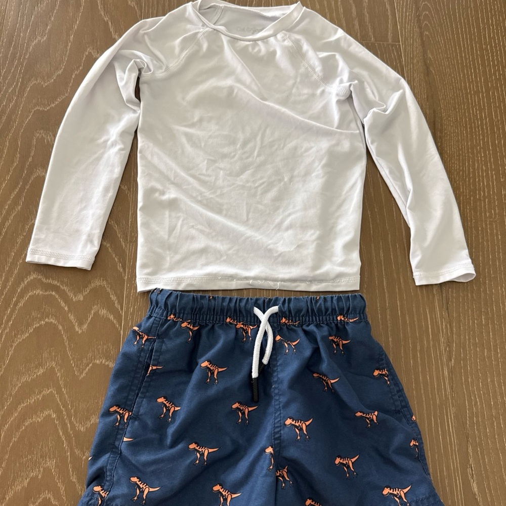 4T Maamgic Dinosaur Swim Trunks And Long Sleeve Rash Guard Swimsuit